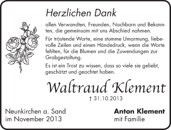 Traueranzeige von Waltraud Klement von Pegnitz-Zeitung